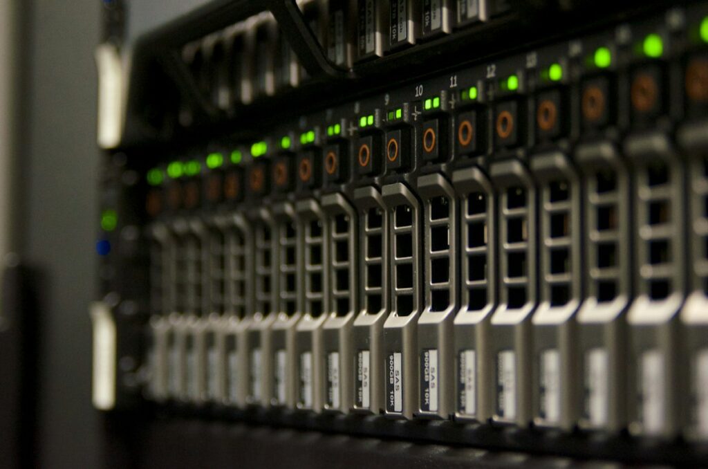 Server rack in a data center for shared, VPS and dedicated hosting