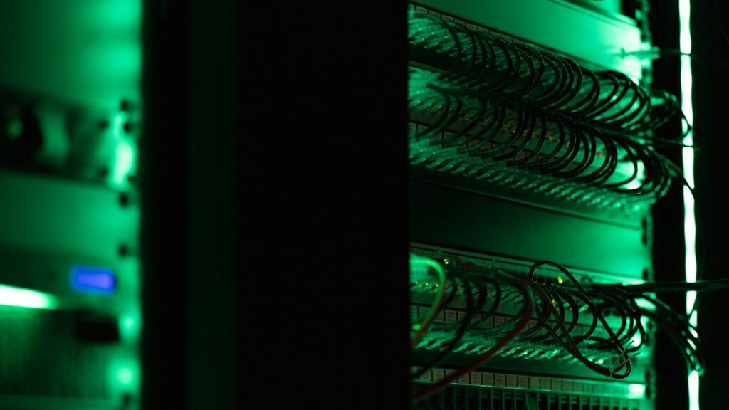 Rows of web hosting servers in a data center rack