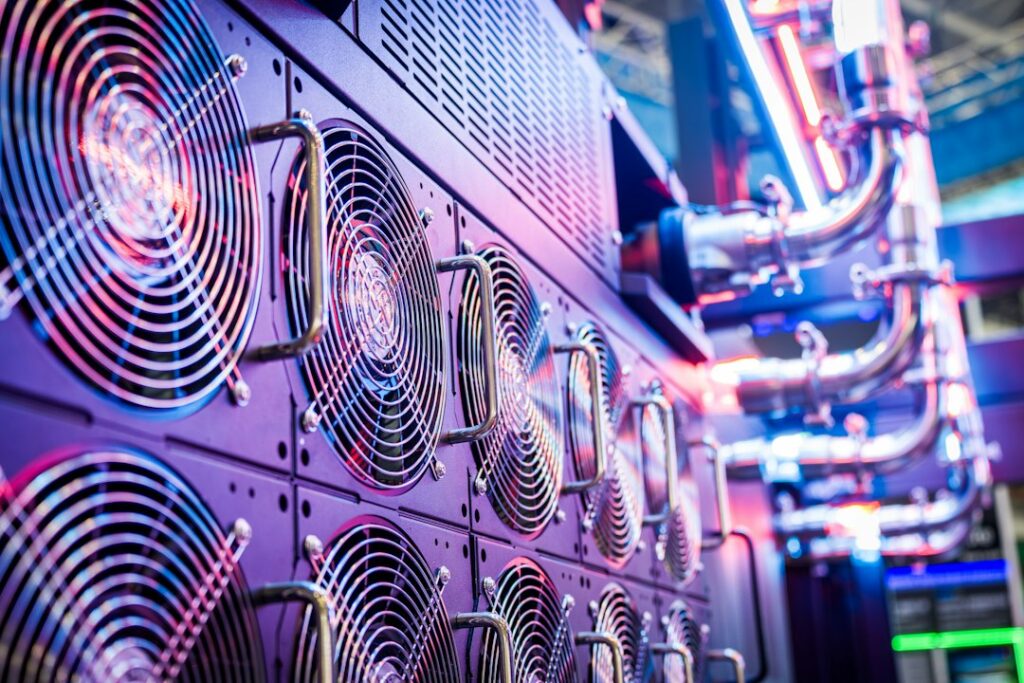 Server cooling fans inside a data center running VPS hosting
